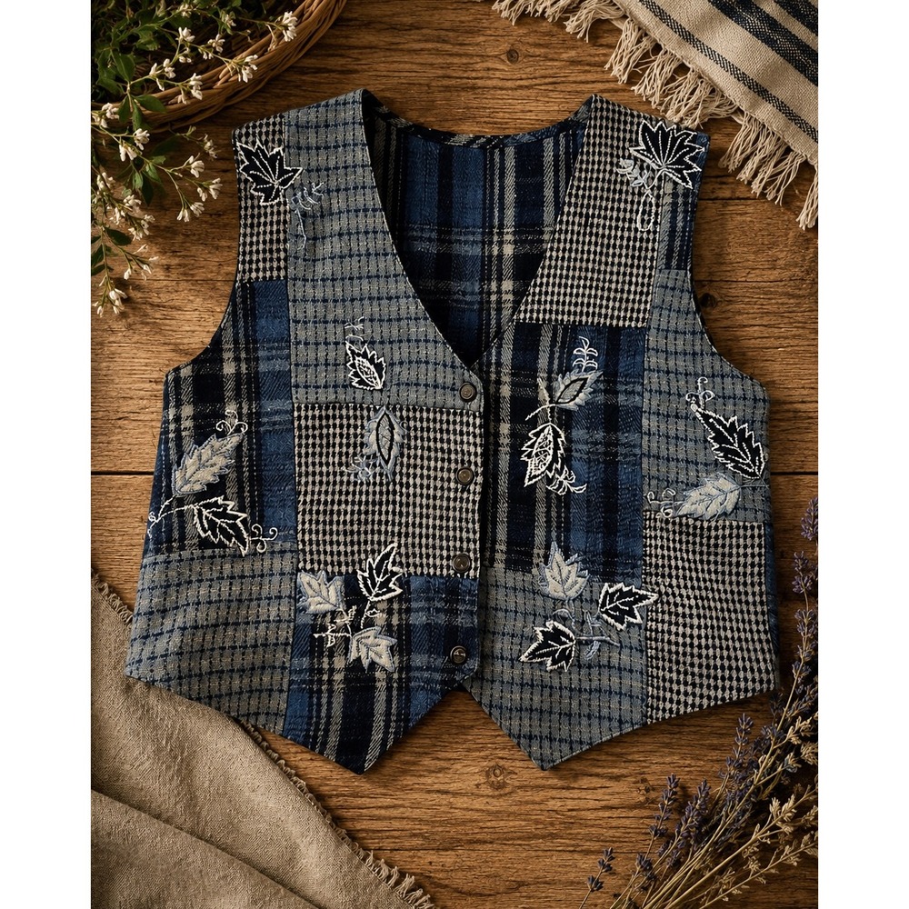 Keren Hart Vintage Wool Patchwork Embroidered Leaf Vest Blue Grey Plaid Medium